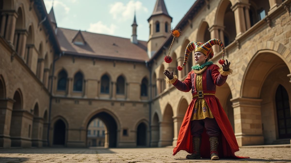 Un bufón medieval haciendo malabares en el patio de un castillo.