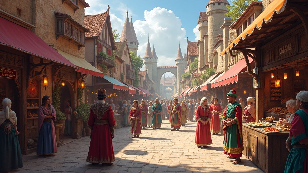Un mercado medieval lleno de vida con puestos coloridos y artistas.