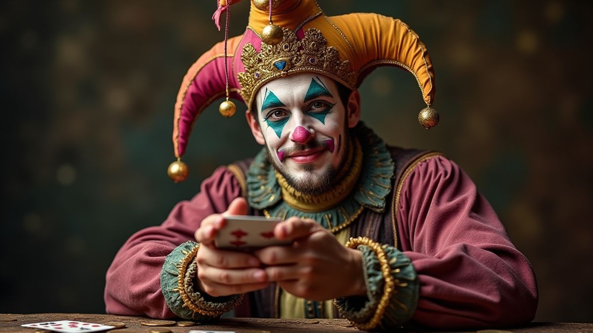 Bouffon médiéval faisant des tours avec des pièces et des cartes.