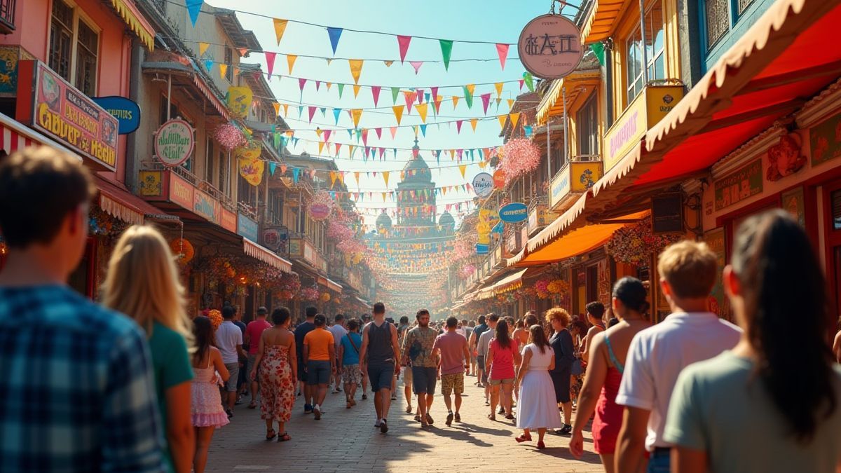 Scène de carnaval vibrante avec des décorations colorées et des artistes.