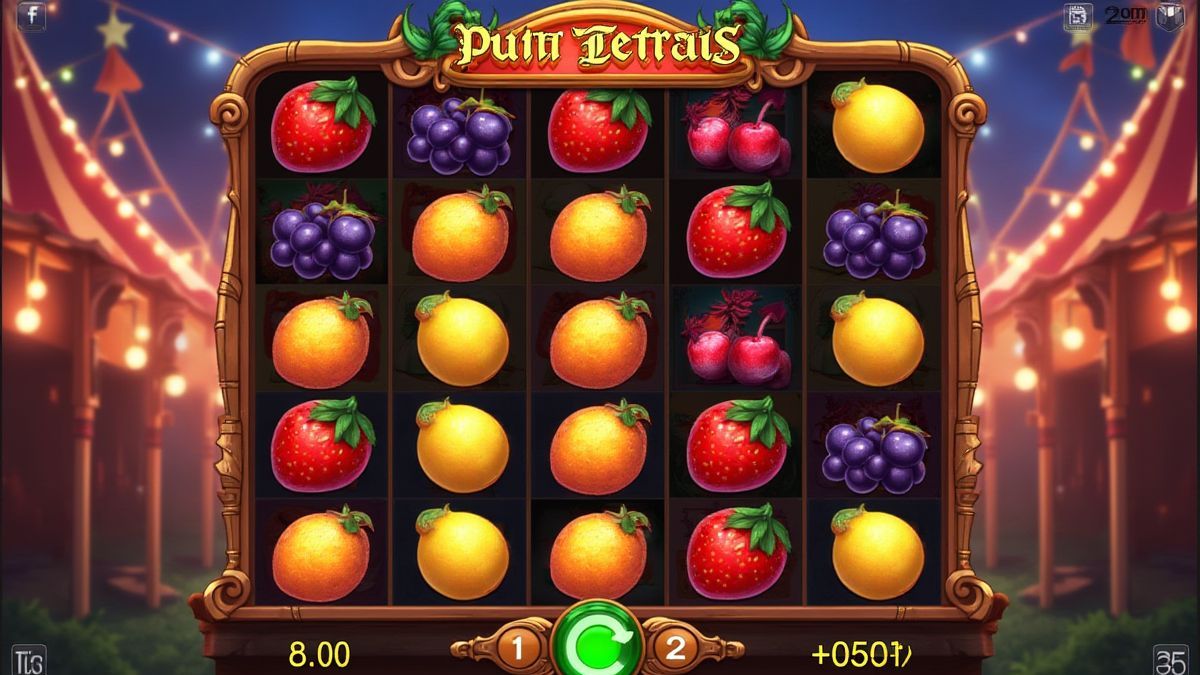 A slot grid with fruit symbols and the jester in a carnival setting.