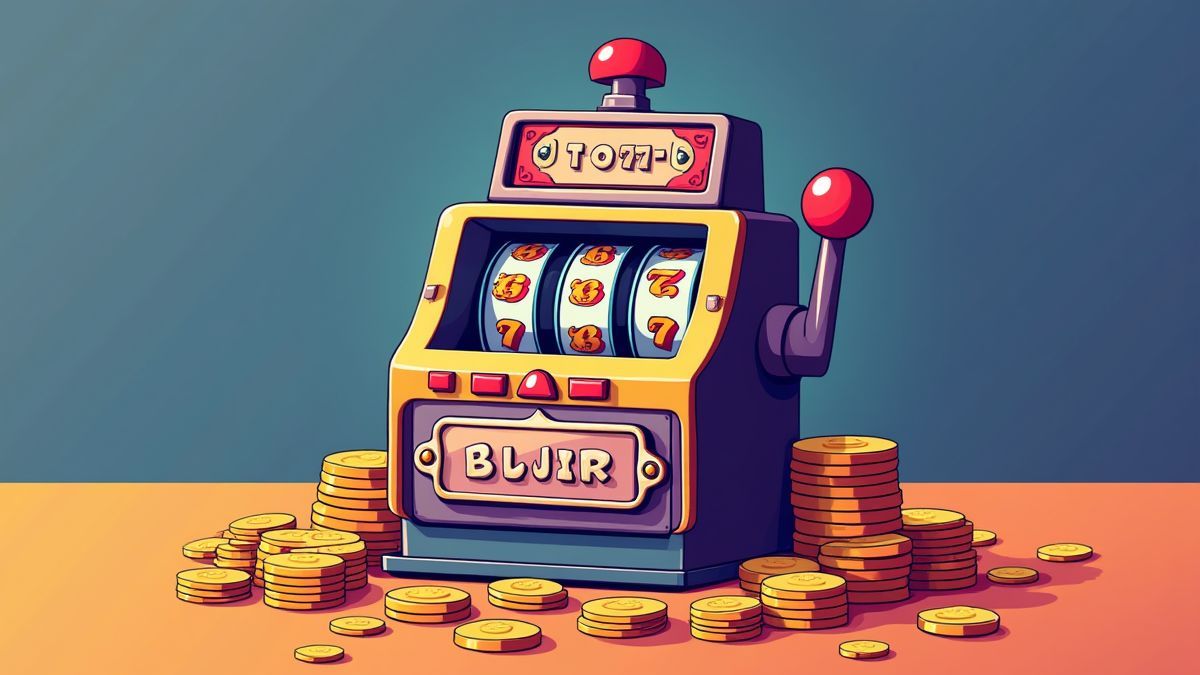 Uma máquina caça-níqueis cercada de moedas e sinos, destacando a simplicidade.