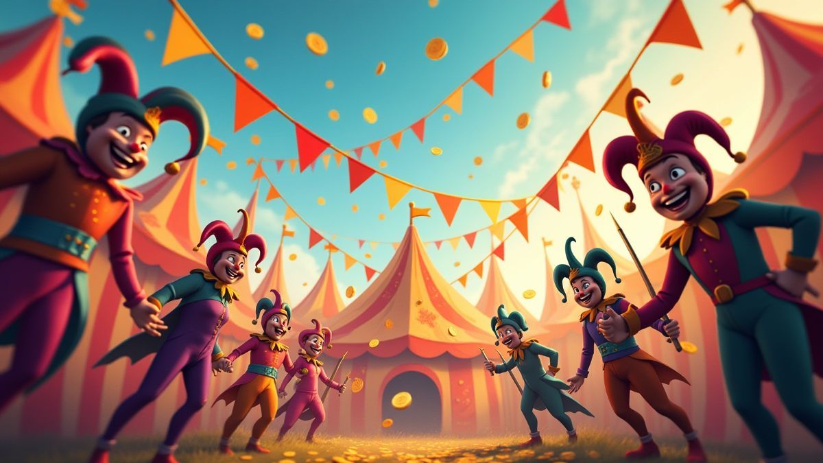 Un carnaval colorido con bufones y monedas en el aire.