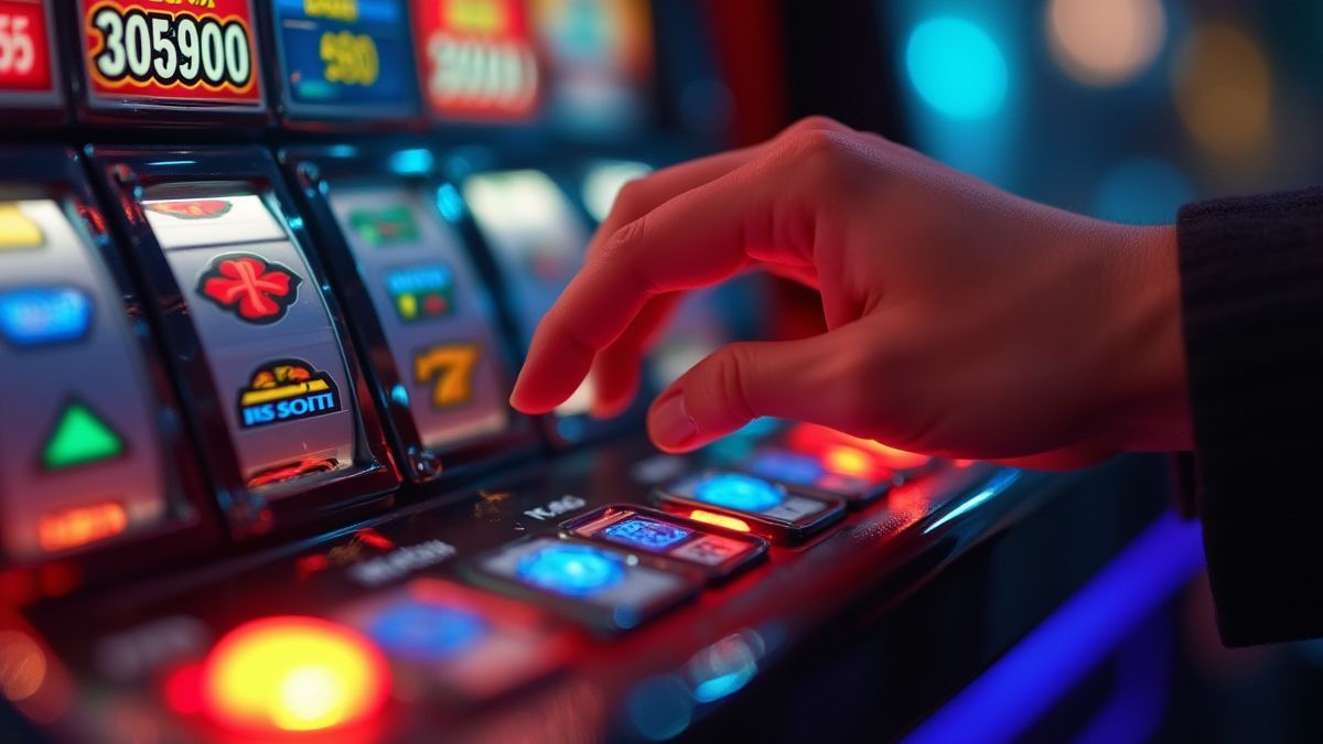 Mano girando un slot con carretes coloridos.