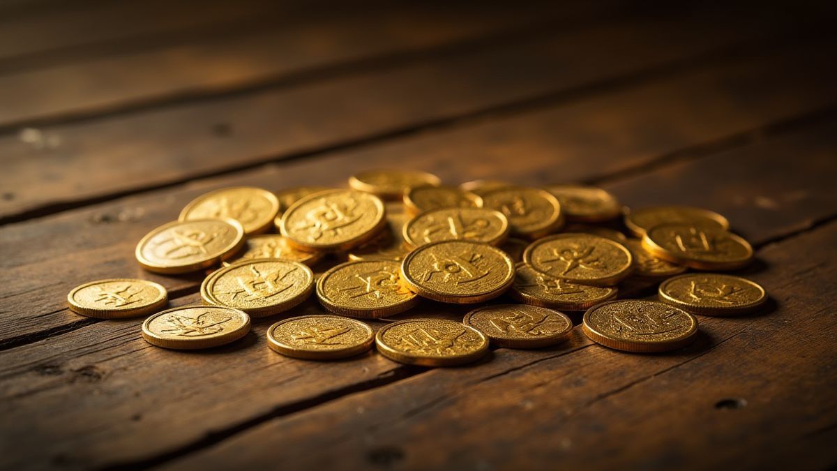Monedas doradas sobre una mesa de madera medieval.