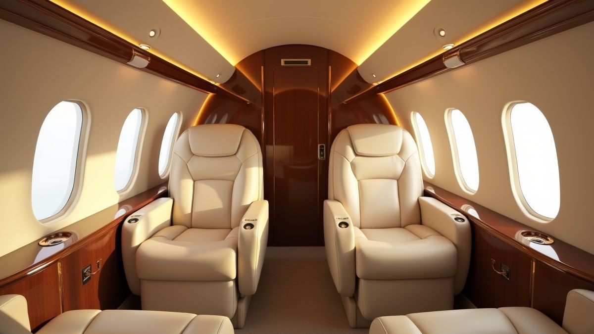 Interior de um jato privado com assentos luxuosos e detalhes dourados.