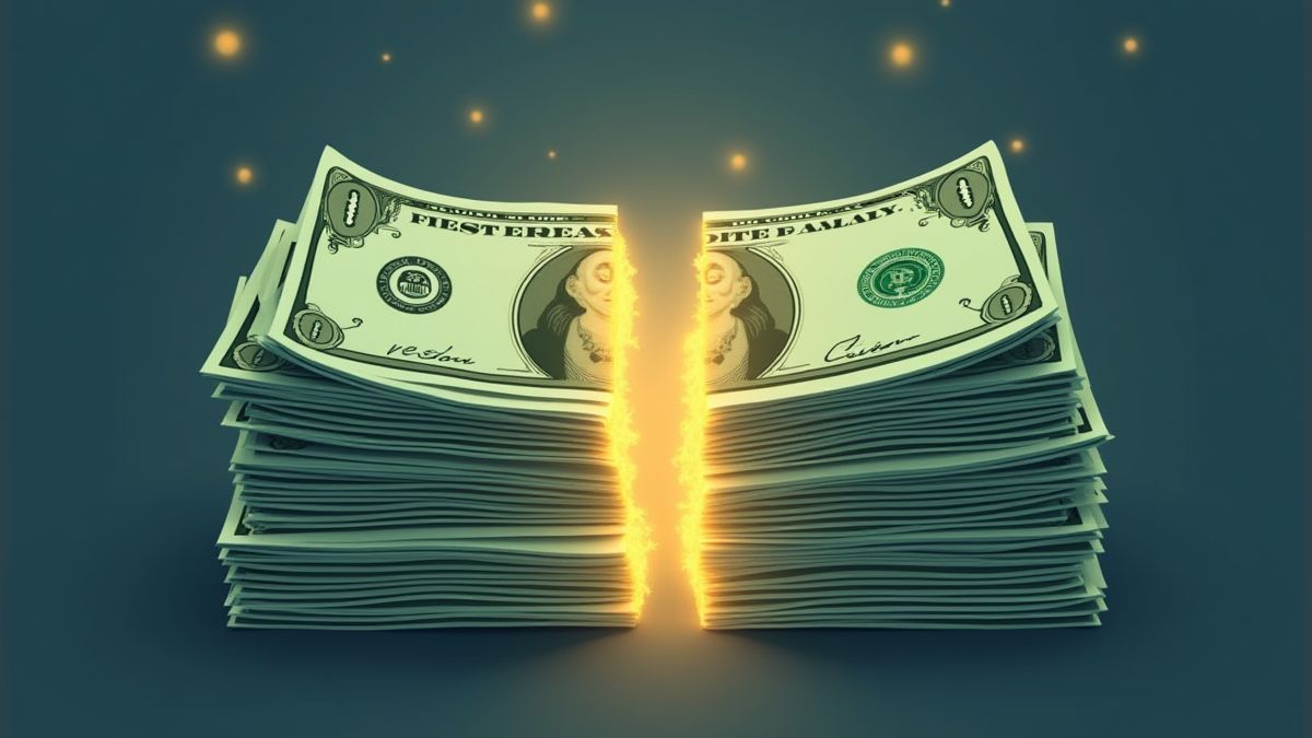 Notas de dólar cortadas ao meio com um efeito brilhante.