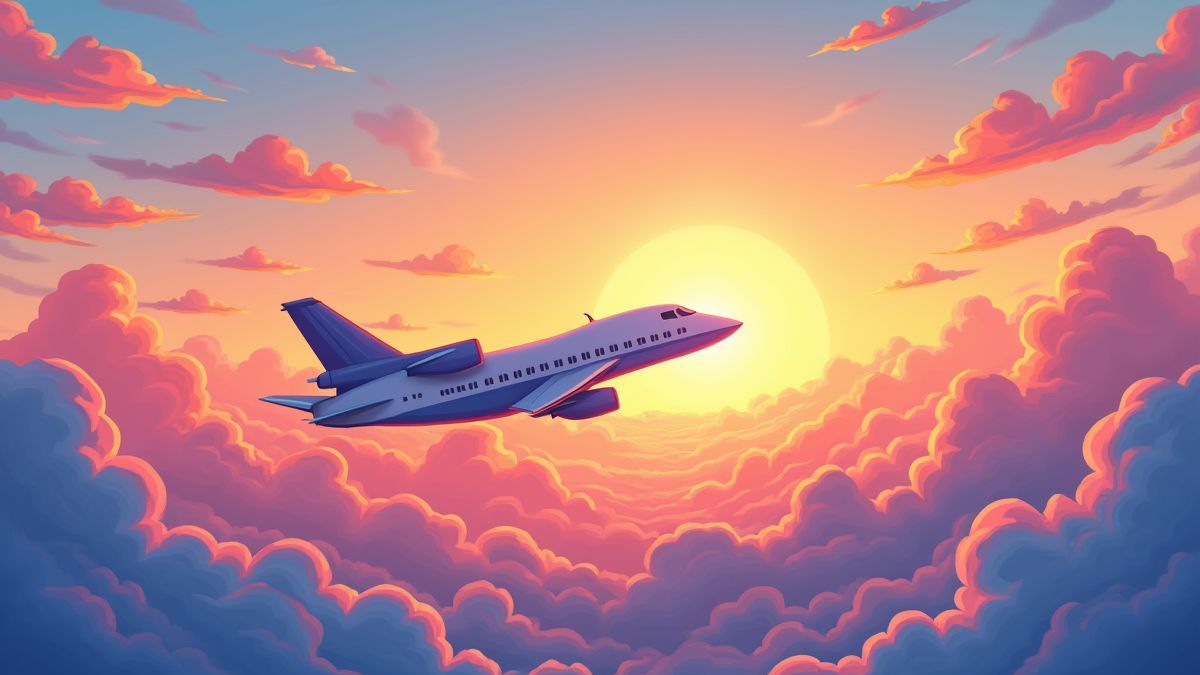 Un jet volando entre nubes coloridas con el sol poniéndose en el horizonte.