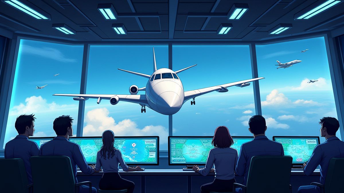 Una sala de control futurista con jugadores monitoreando el vuelo de un jet en varias pantallas.