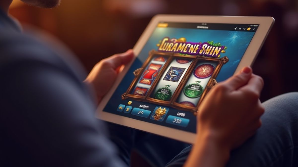 Entspannter Spieler, der ein Online-Spiel von Spielautomaten genießt.