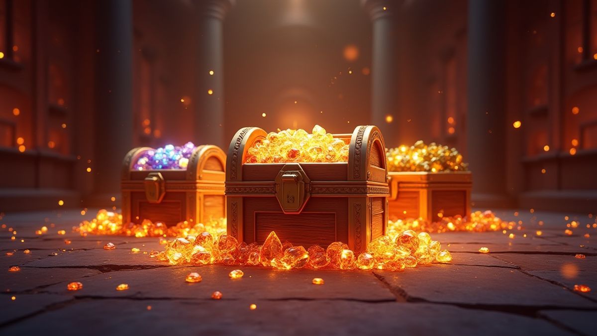 Três cofres do tesouro cheios de joias.