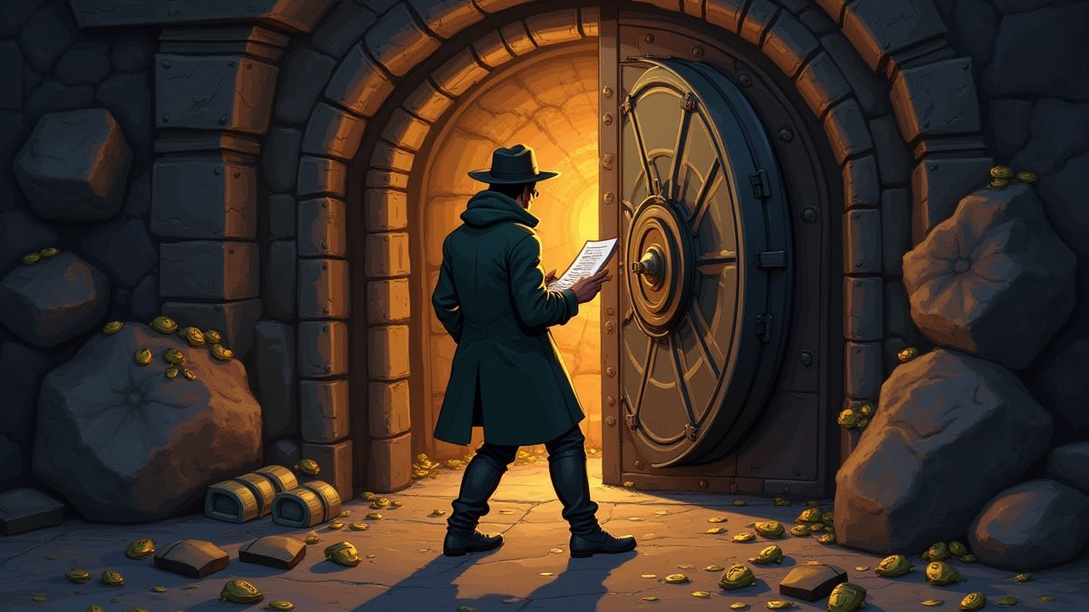 A thief calculating strategies in front of a vault.