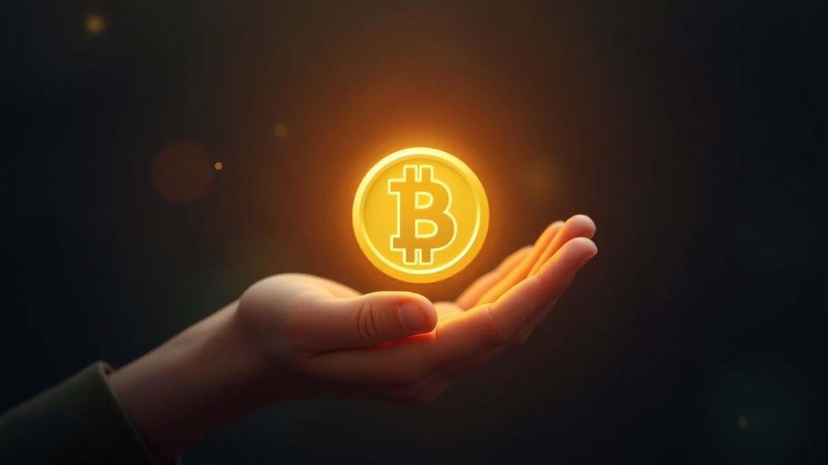 A hand holding a glowing coin, symbolizing winnings.