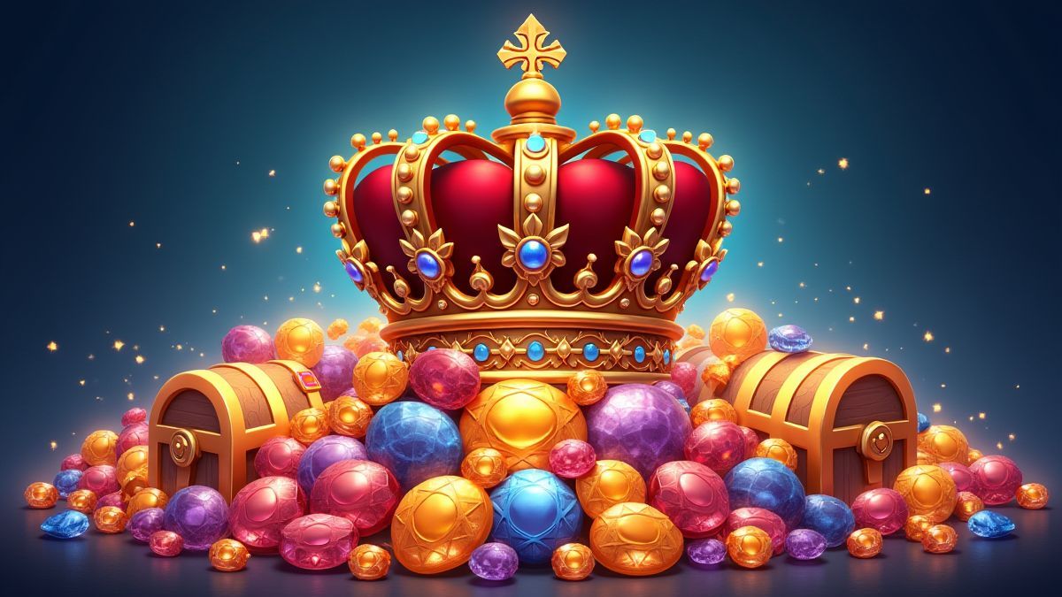 Una corona rodeada de joyas brillantes y cofres del tesoro.