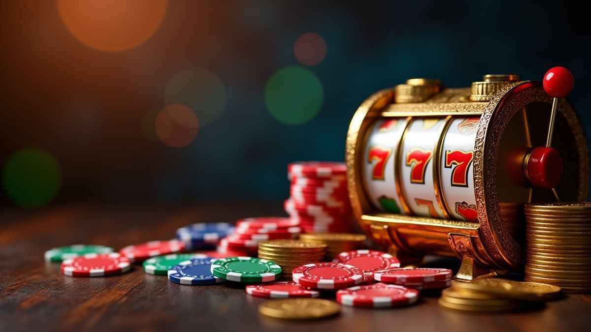 Fichas de casino y monedas junto a una máquina tragamonedas resplandeciente.