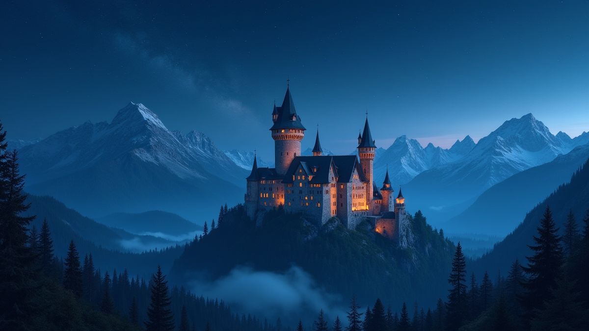 Ein mittelalterliches Schloss, umgeben von Bergen unter einem sternenklaren Nachthimmel.