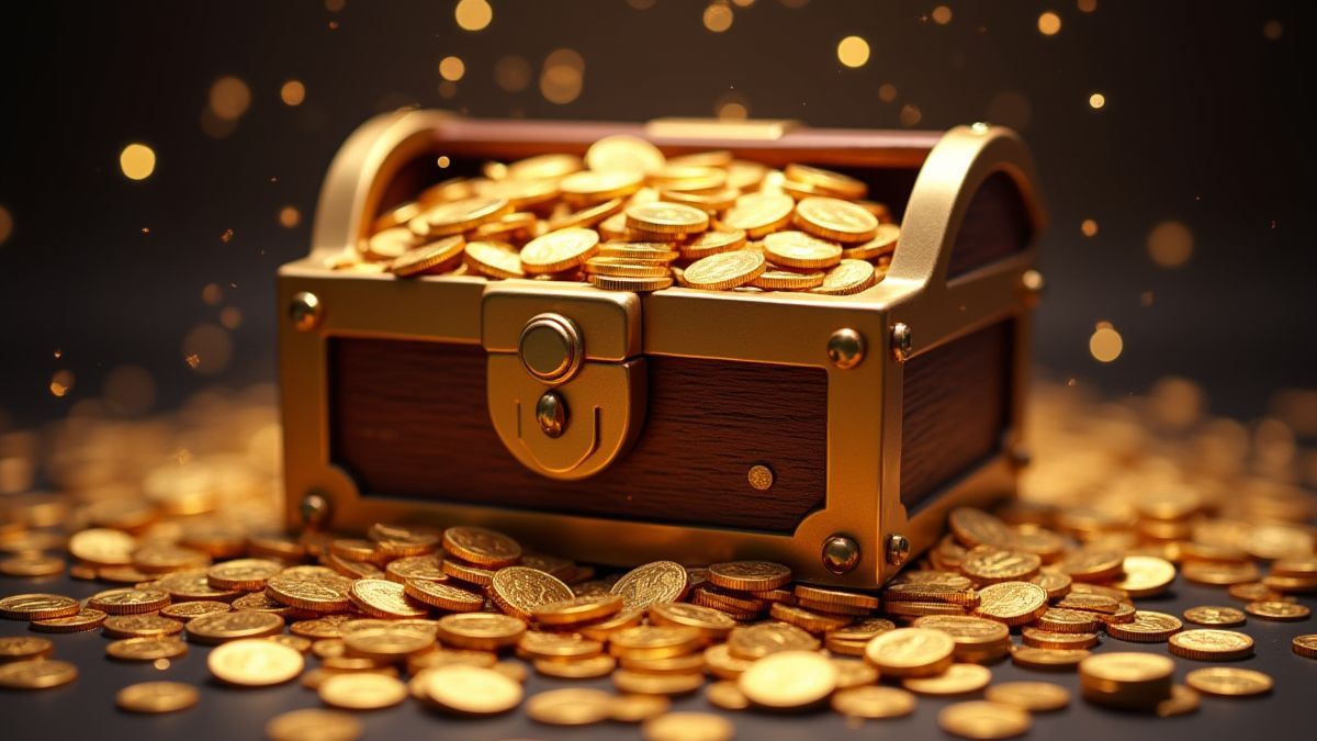 Eine Schatztruhe, die überläuft mit Goldmünzen und funkelnden Juwelen.