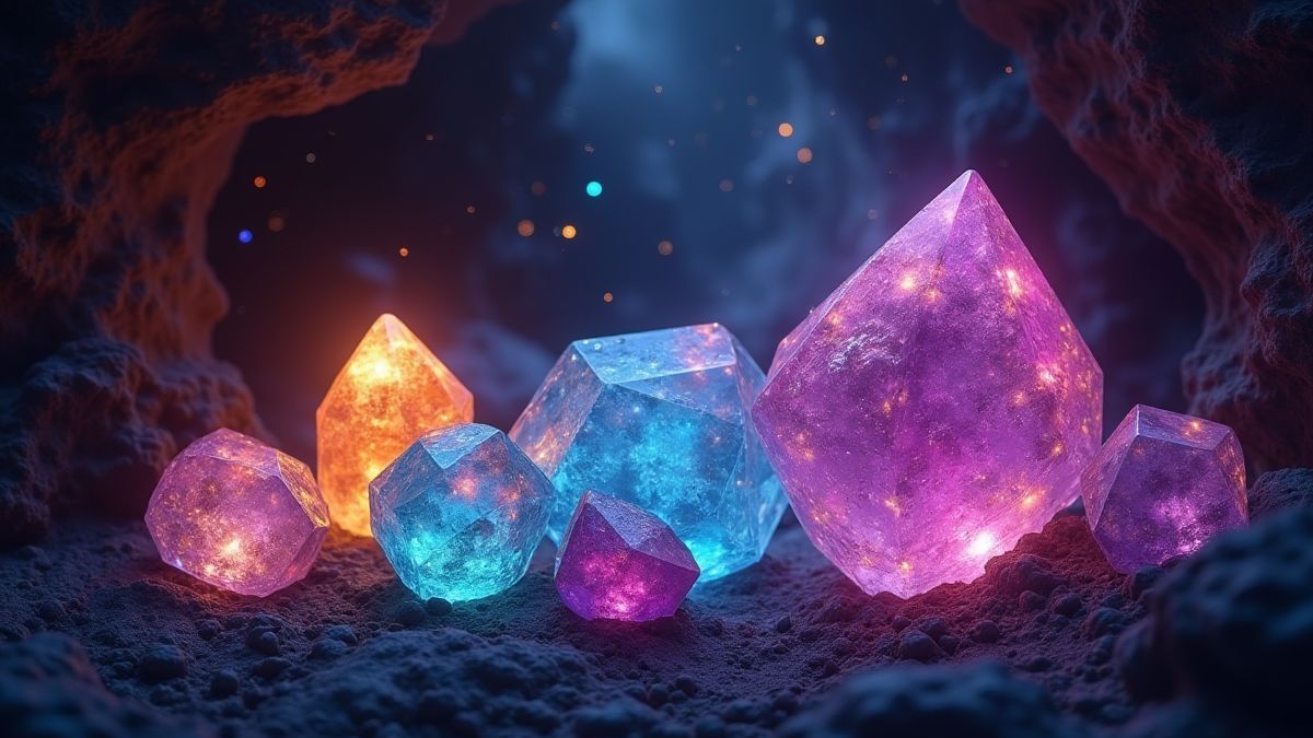 Funkelnde Edelsteine in einer magischen Höhle mit Glitzern.