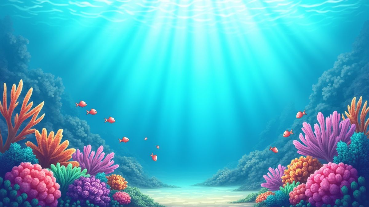 Onderwater scène met kleurrijk koraal en zwemmende vissen.