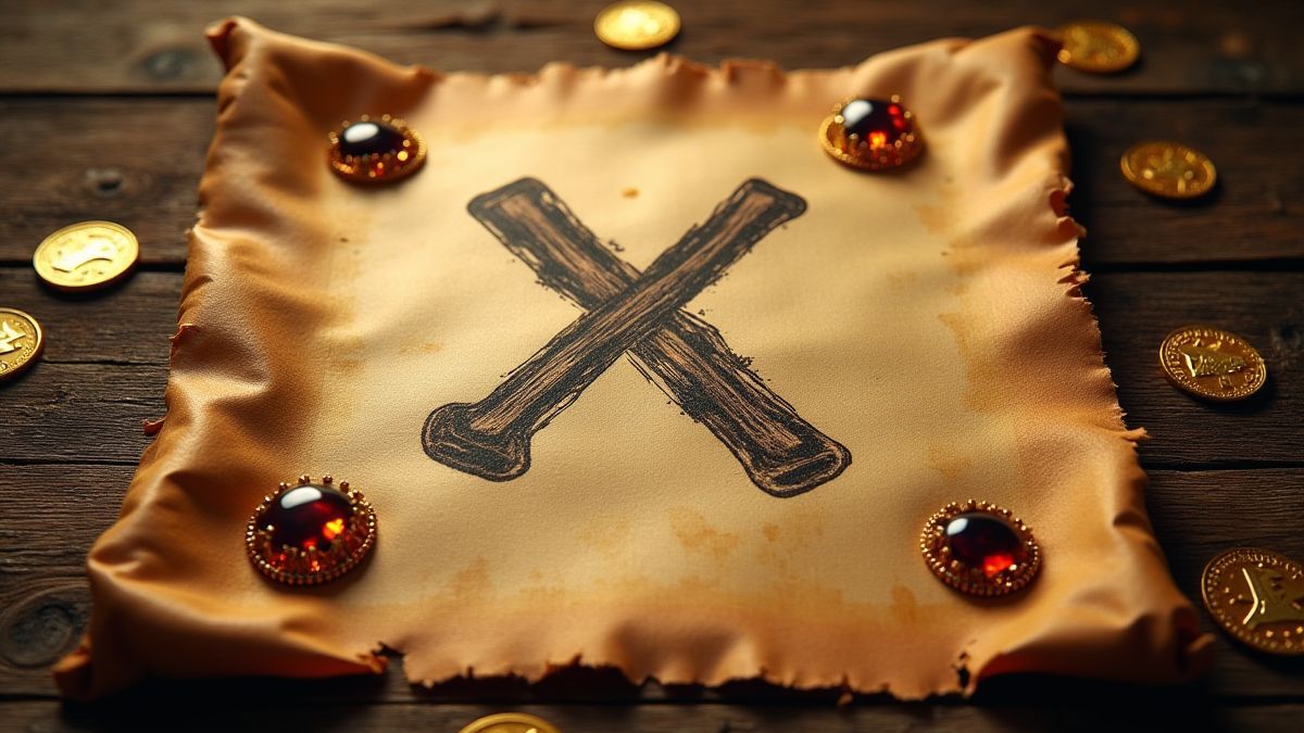 Un mapa pirata con una marca de tesoro rodeada de monedas de oro y joyas.