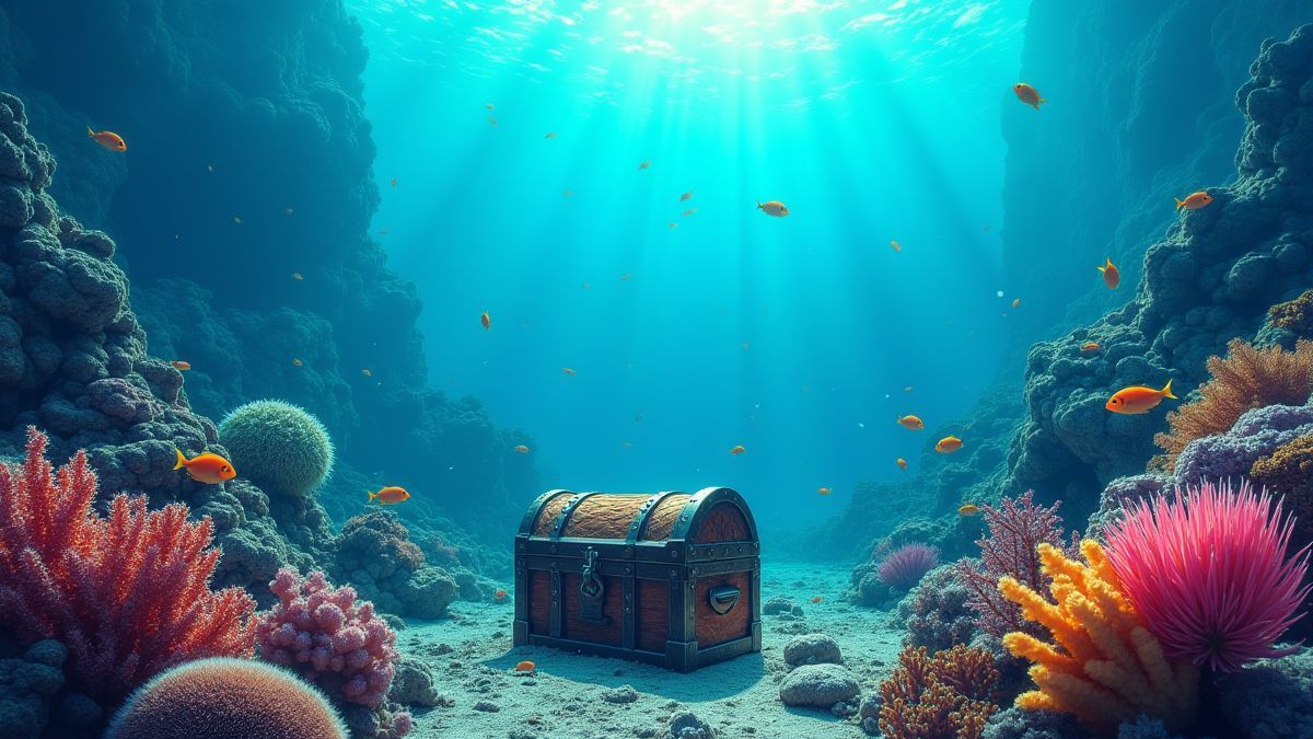 Una escena submarina con arrecifes de coral y vida marina colorida rodeando un cofre del tesoro.