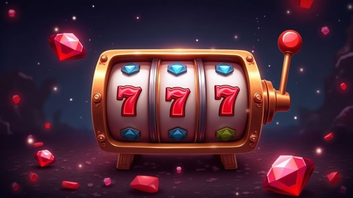 Casino-interface met draaiende rollen en sprankelende juwelen.