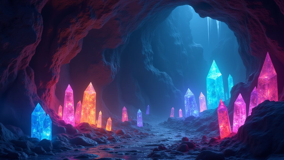 Una cueva mágica con cristales luminosos y colores vibrantes