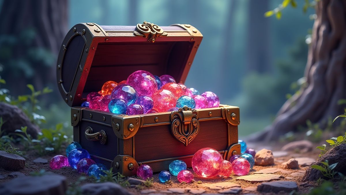 Un cofre del tesoro lleno de gemas coloridas en un entorno fantástico