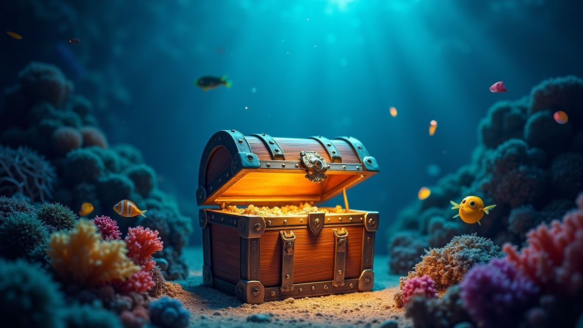 Treasure chest surrounded by fish and underwater corals.