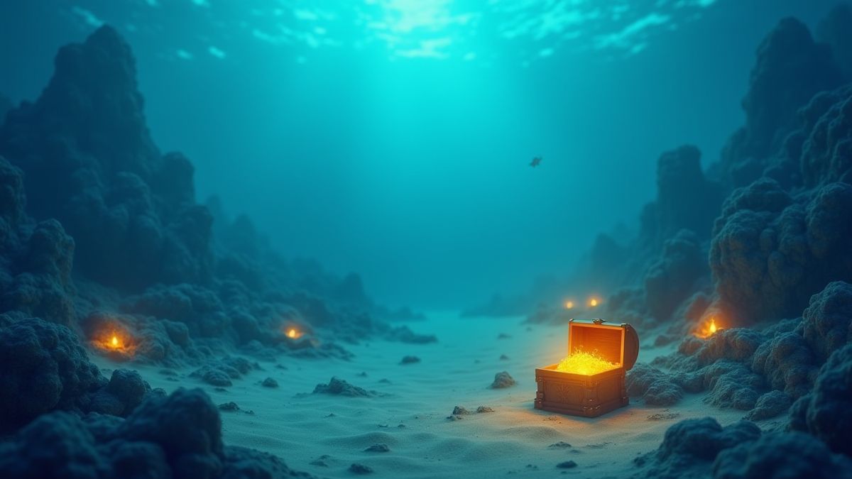 Underwater scene with glowing treasure chests to select.