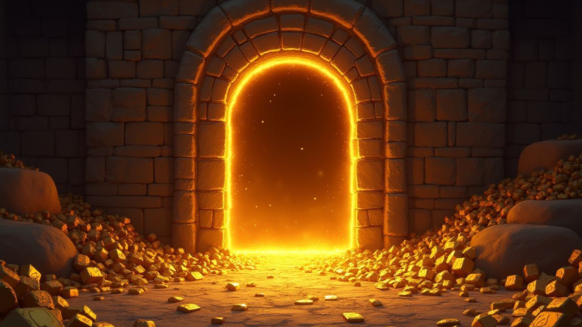 Eingang zu einem antiken Grab mit leuchtenden goldenen Schätzen.