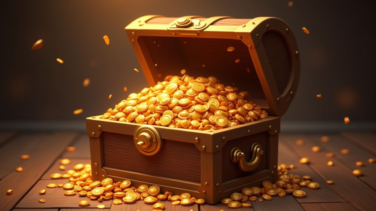 Ein Schatztruhen voller Gold und Juwelen.