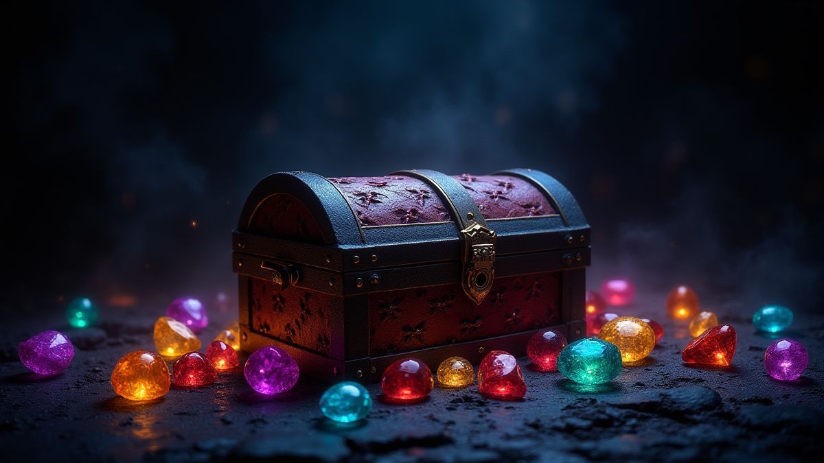 Schatkist omringd door glanzende juwelen in een donkere crypt.