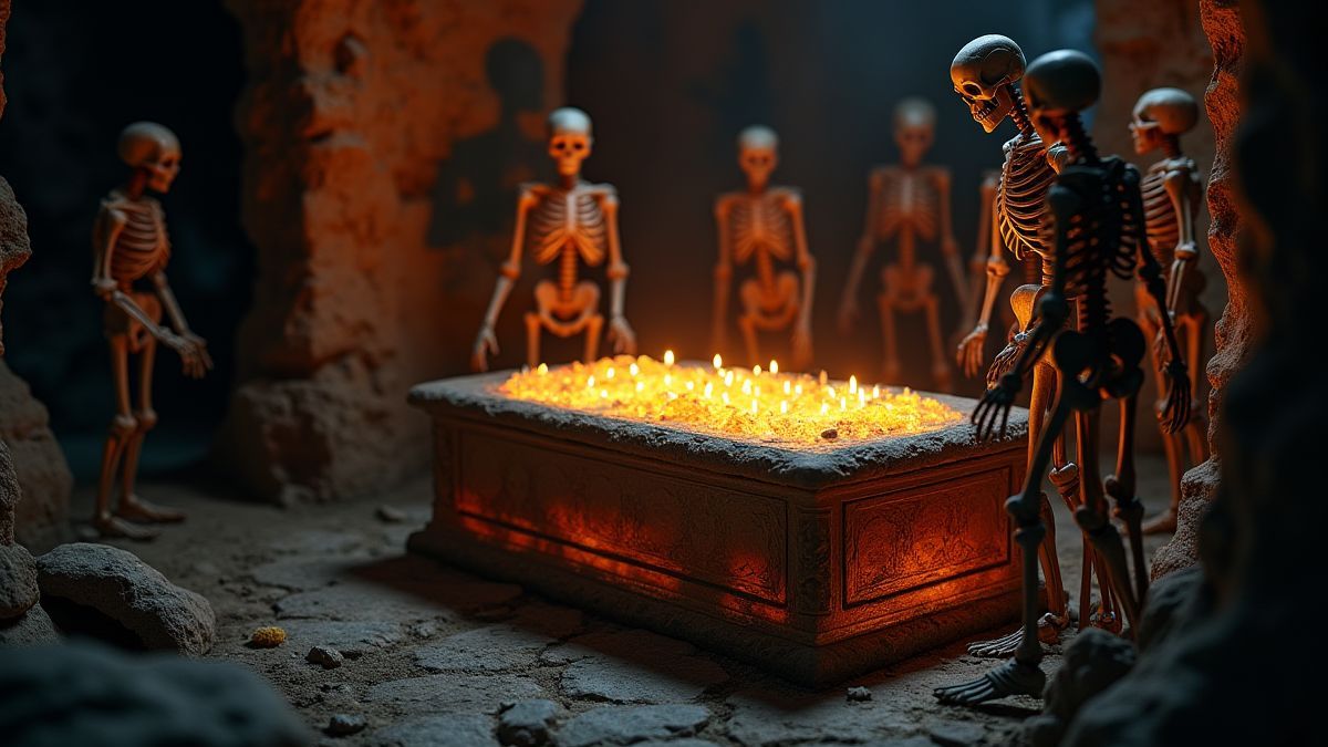 Gloeiende kist omringd door skeletten in een crypt.