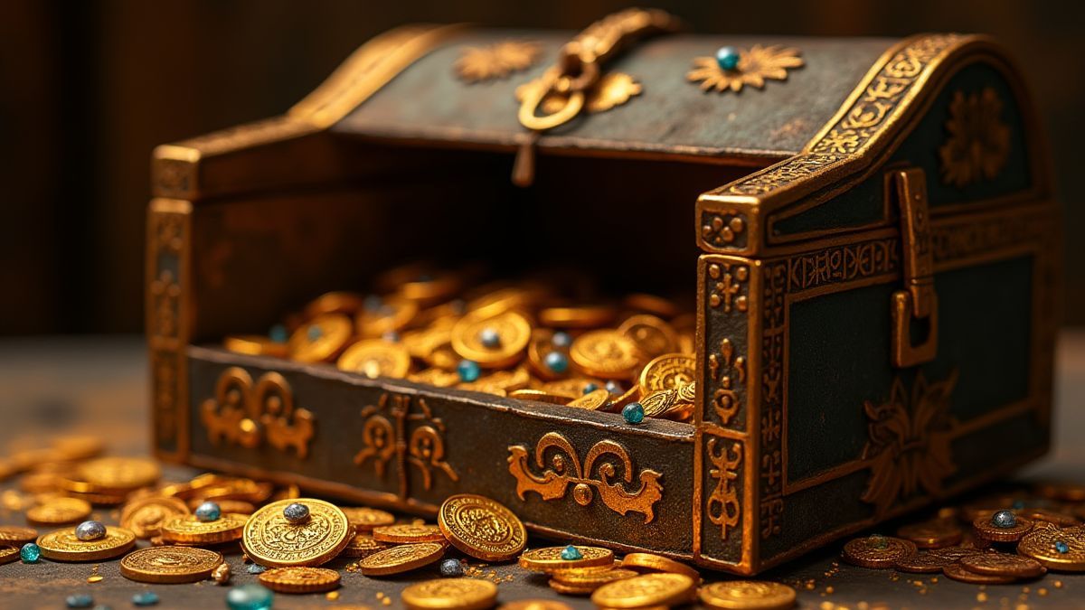 Un cofre del tesoro egipcio lleno de joyas y monedas doradas.