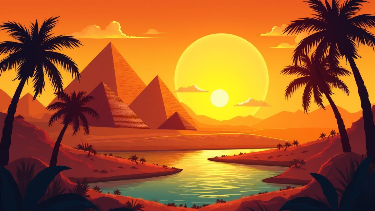 Pirámides y el río Nilo bajo un atardecer dorado.