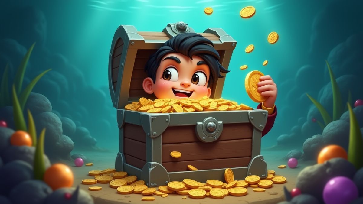 Un jugador feliz con monedas de oro y joyas submarinas.