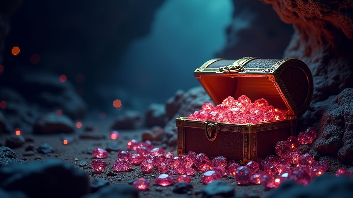Un coffre du trésor rempli de diamants et de rubis brillants dans une grotte magique.