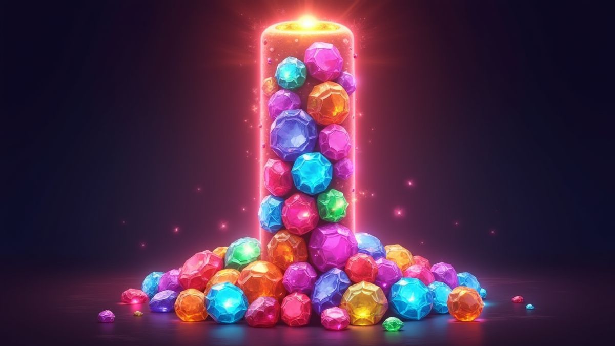 Une colonne brillante pleine de gemmes colorées indiquant un prix jackpot.
