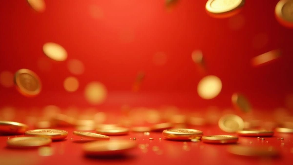 Golden coins and red envelopes falling over a festive Asian background.