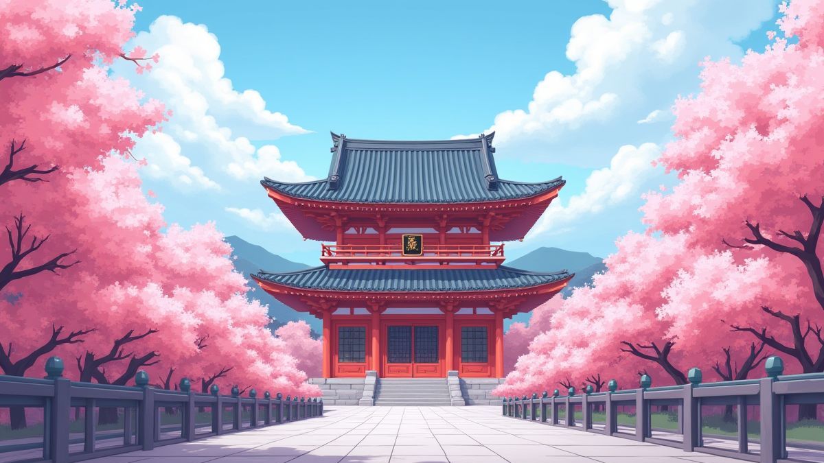 A traditional Asian temple surrounded by cherry blossoms.
