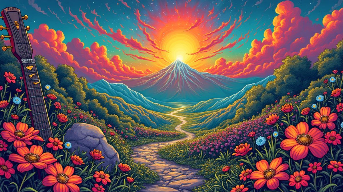 Paisaje psicodélico lleno de flores y signos de paz