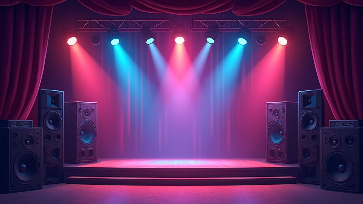 Escenario retro con altavoces y luces coloridas