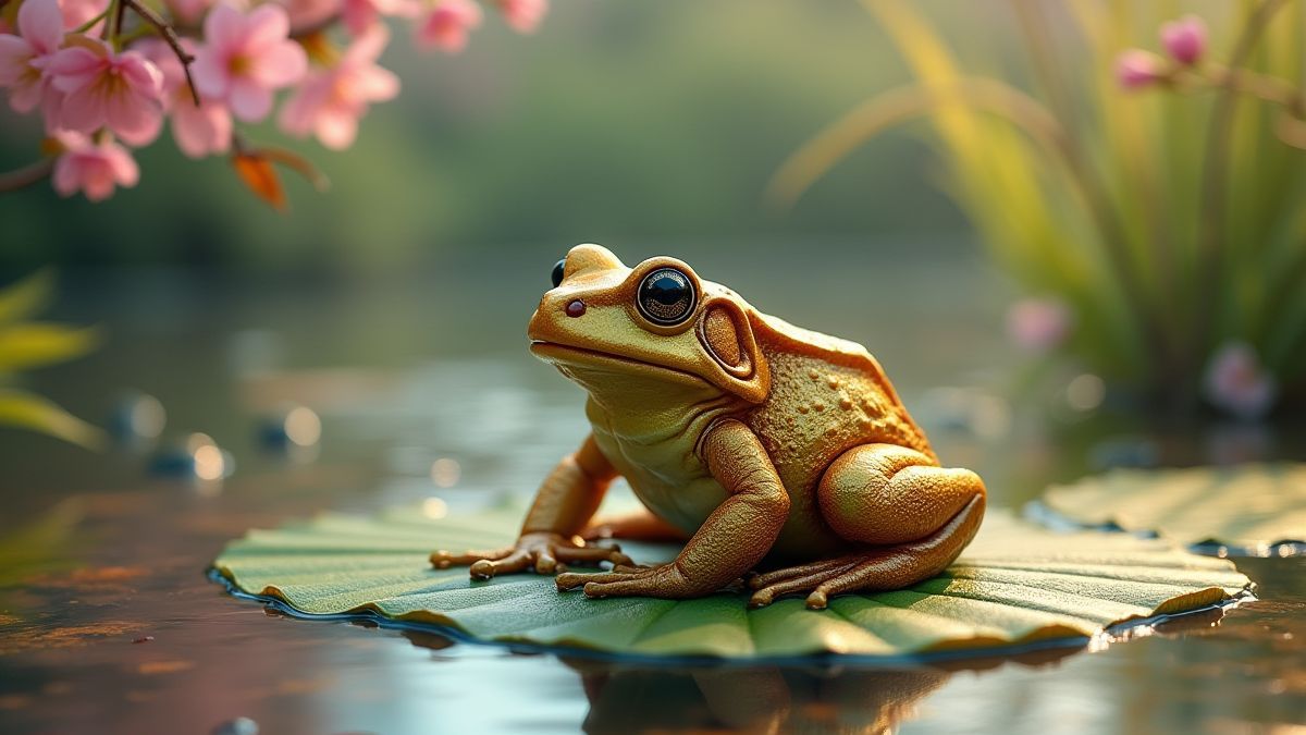 Un crapaud doré sur un nénuphar entouré d'eau et de fleurs de cerisier.