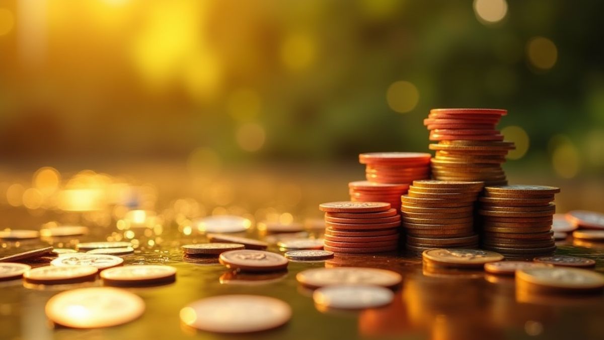 Jetons de casino et pièces près d'un étang doré.