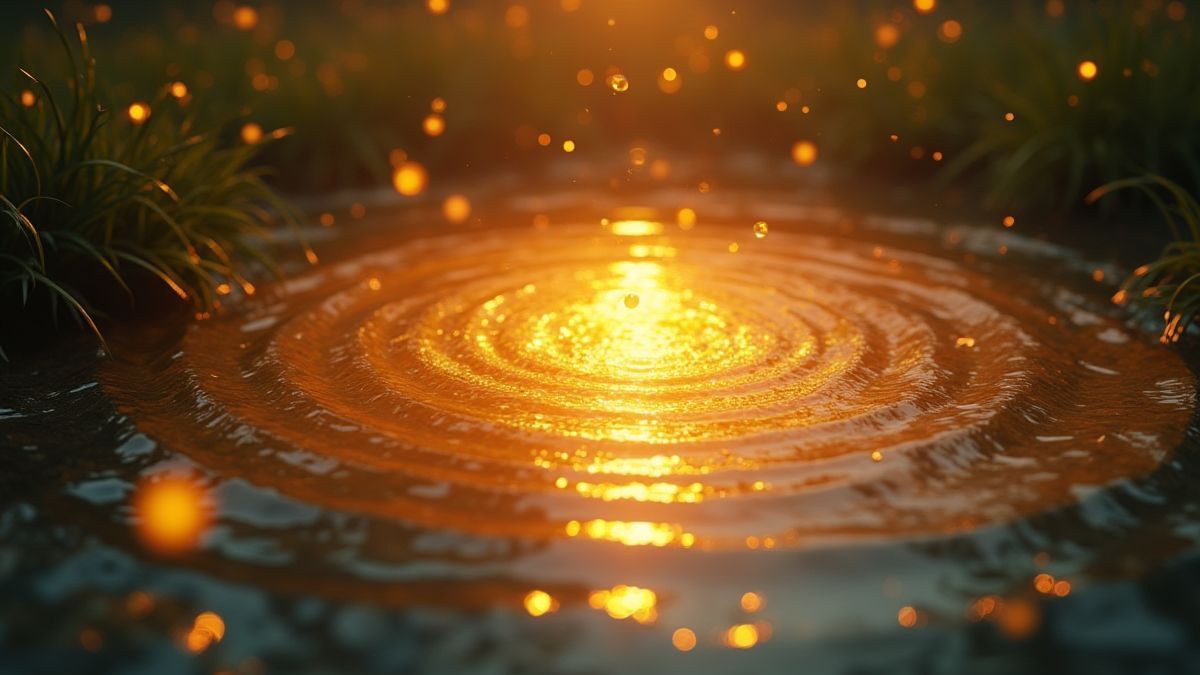 Un étang doré avec des ondes brillantes et des éléments mystiques.