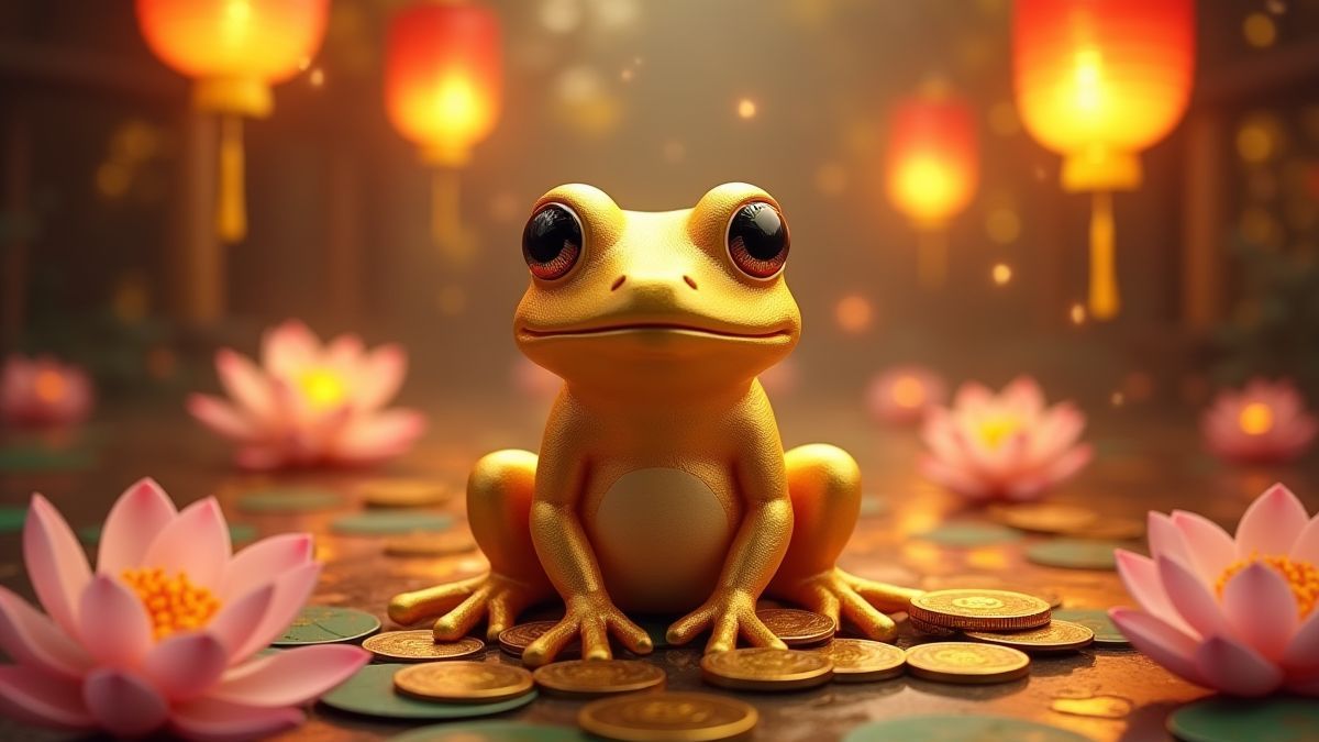 Goldener Frosch auf einem Haufen Münzen umgeben von Lotusblumen und leuchtenden Laternen.