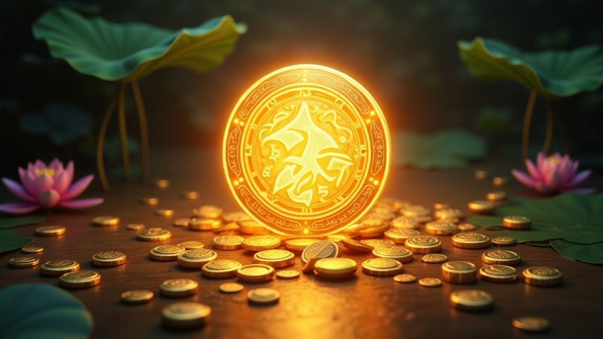 Leuchtendes Scatter-Symbol umgeben von goldenen Münzen und einem ruhigen Lotus-Teich.