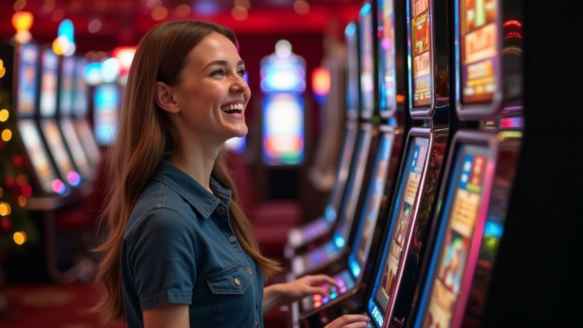 Jugador feliz ganando en una máquina tragamonedas rodeada de decoraciones navideñas.
