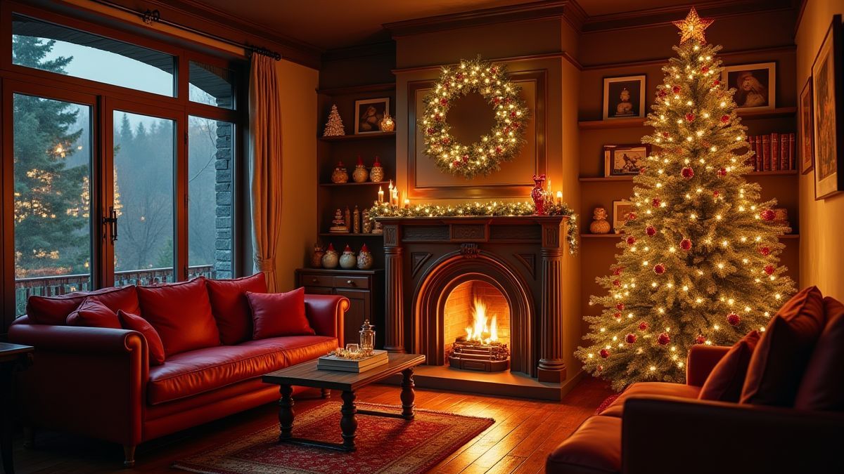 Eine Stube dekoriert für Weihnachten mit Kamin und Weihnachtsbaum.